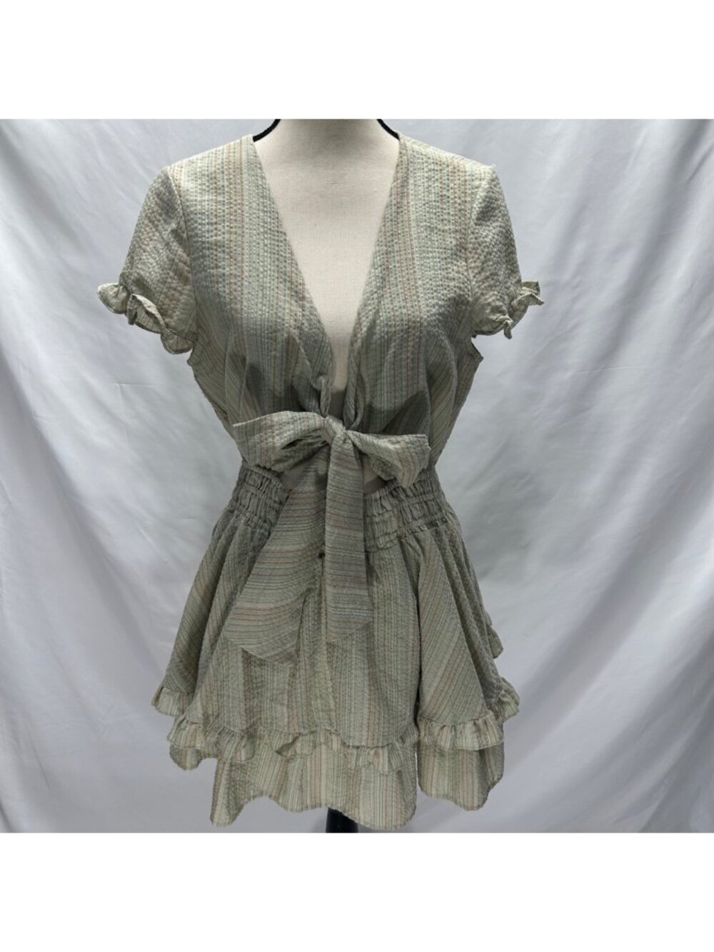 Selfie Leslie Striped Ruffle Mini Dress With Front Tie & Short Sleeves Size L Li